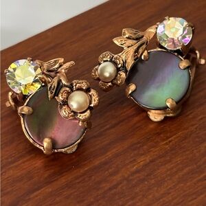 Vintage TRIAD Iridescent Art Glass Clip-on Earrings AB Rhinestone Floral